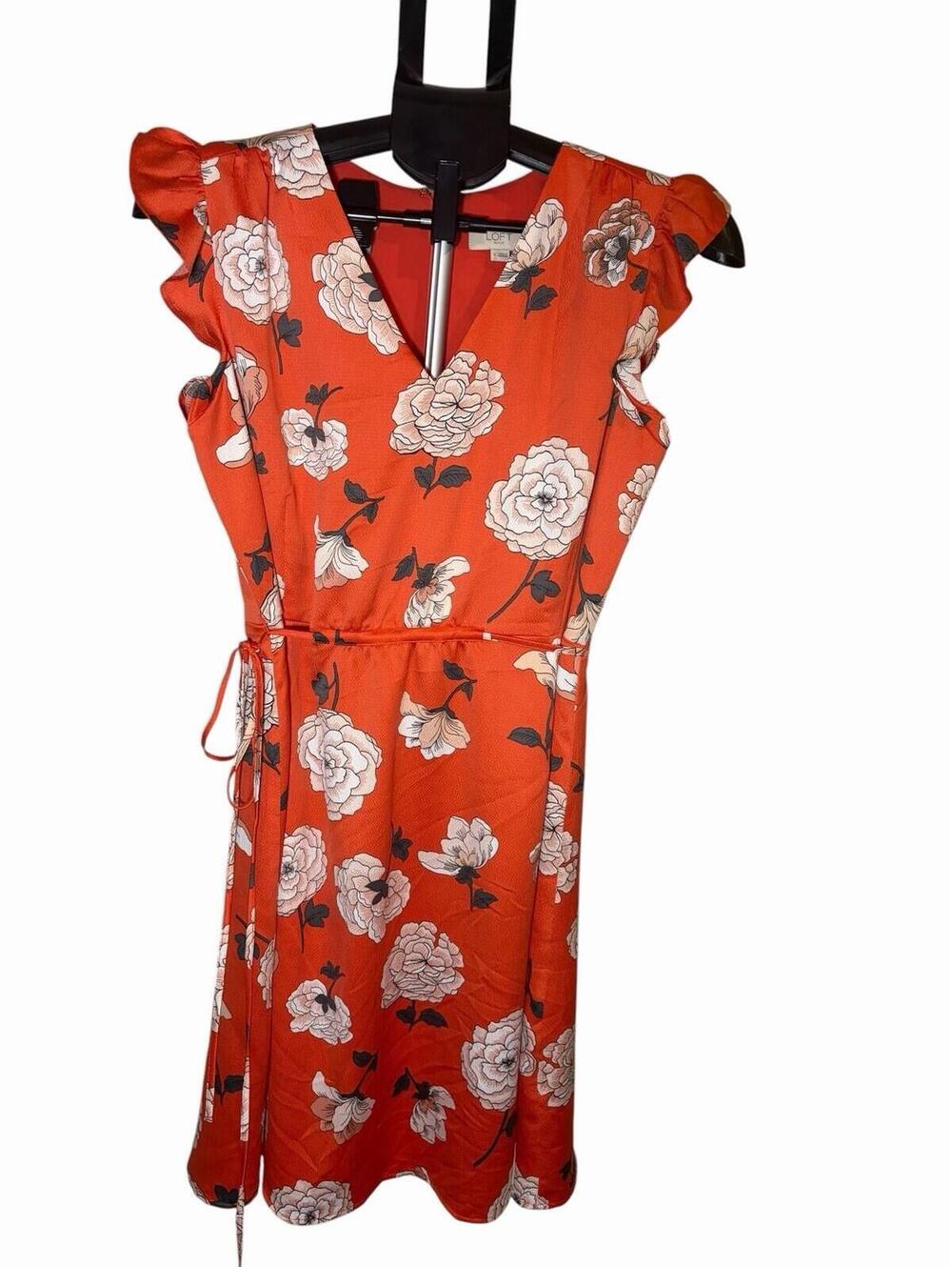 LOFT Outlet Coral Floral Chiffon Dress V-Neck Ruffle Flutter‎ Sleeve Lined S